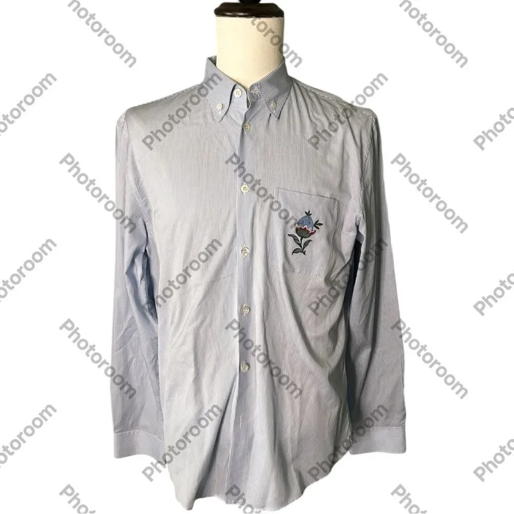 Gucci Light Blue Pinstriped Shirt Embroidered Flower pocket, Size 42 Preowned